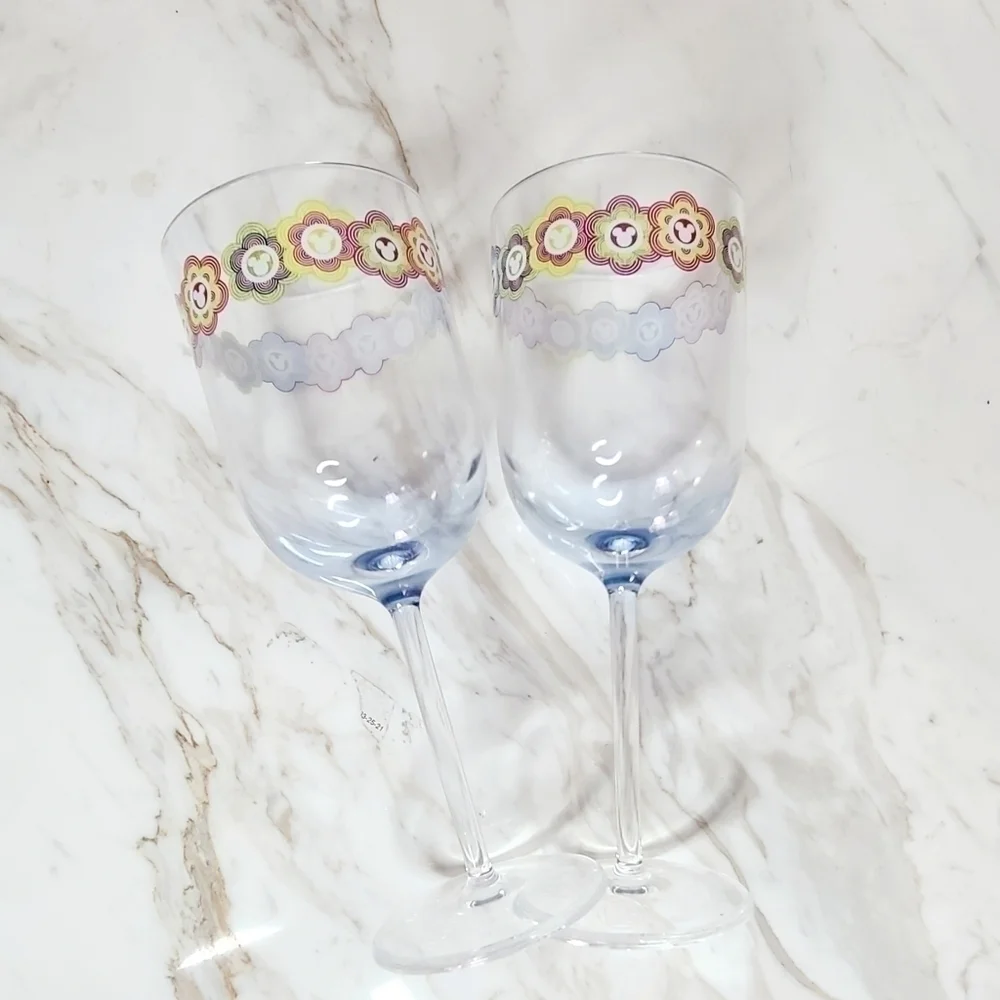 2 Disney Parks Multicolor Mickey Border Shatter Proof Stem Wine Glasses